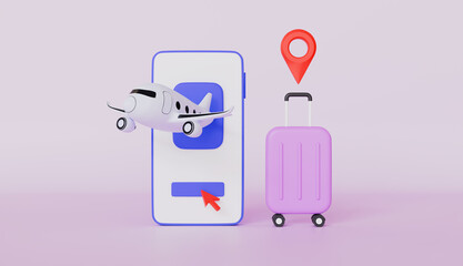 Smartphone with airplane and suitcase, Tourism and travel plan to trip, holiday vacation, Booking airline tickets online