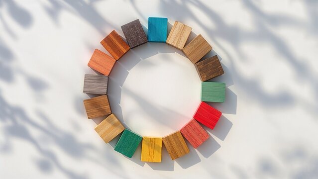 Wooden block circle illustrating the integration of different hues