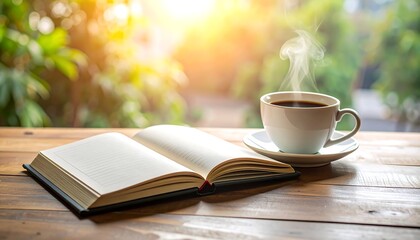 Open book and coffee cup on a wooden table