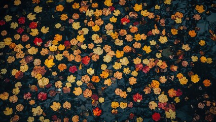 Bright autumn leaves rest peacefully on the still waters of a quiet lake, showcasing the rich palette of the season.