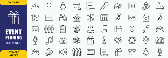 Set of 50 outline icons related to event planning, organisation. Linear icon collection. Editable stroke. Vector illustration