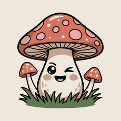 Cartoon mushroom character with a red spotted cap winking and smiling in green grass patch