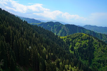 Fototapeta premium Ile-Alatau National Park. The Oi-Karagai Gorge. Mountainous area with different vegetation. The view from the drone.