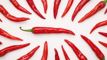 Overhead shot of a fiery red chili placed on a white surface