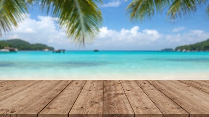 Fototapeta premium Blank wooden surface in front of a scenic seaside backdrop, perfect for showcasing seasonal items or vacation promotions.