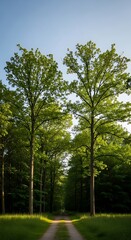 Obraz premium Sunlit path through a dense woodland.