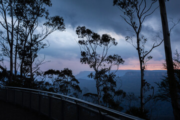 storm clouds above Blue Mountain scenery with gum tree in foreground