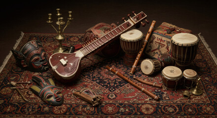 An atmospheric still life composition featuring a collection of traditional world music instruments, including a sitar, drums, and flutes.