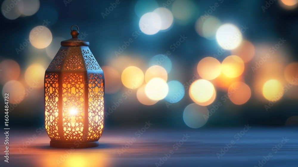 Poster lantern glowing softly with bokeh lights in the background at nighttime