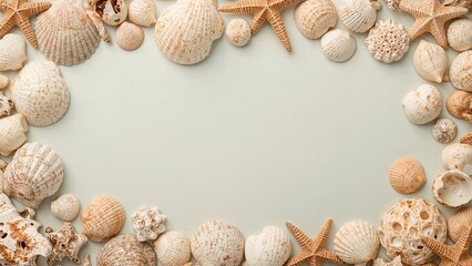 Obraz premium Diverse seashell set on a light pastel background. Themes cover holiday, beach, summer, travel, decoration. Flat lay, overhead view, copy space included.