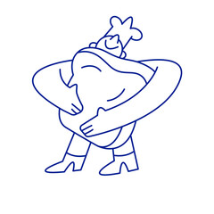 Chef hugging a slice of bread – funny minimalist doodle vector illustration
