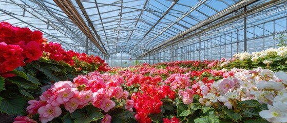 The vibrant display of blooming begonias in a sunlit greenhouse setting.
