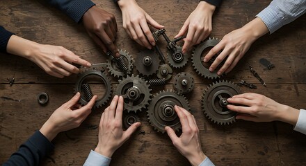 Team Hands Assembling Gears on Rustic Wood Table Top View