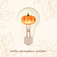 Hello pumpkin season. A glowing pumpkin lamp. The beginning of the autumn season. Vector illustration.
