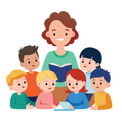 Teacher reading a book to a group of happy children