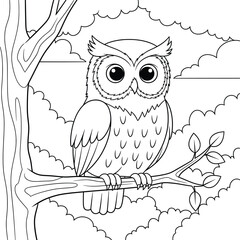 Cute Owl Sitting on Tree Branch in Forest — Cartoon-Style Coloring Page with Detailed Leaves, Clouds, and Nature Elements for Kids
