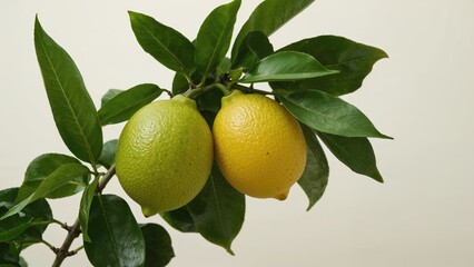 Twin citrus fruits attached to a stem