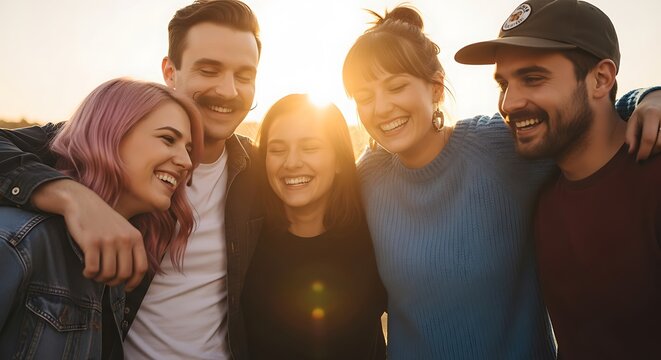 A group of five friends embracing and laughing together in the sunlight outdoors at golden hour