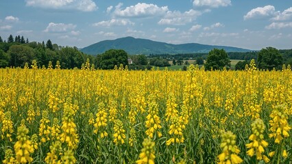 Vertical aerial view of a flowering yellow crop field