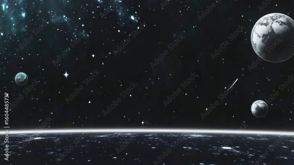 Wall mural clean noice effect black background with copy text space astronomy universe planets.