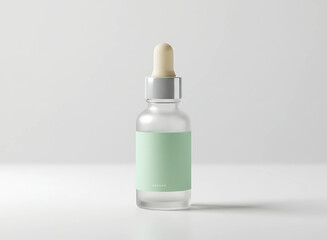 Clear glass dropper bottle with light green liquid and label