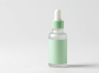 Clear glass dropper bottle with light green liquid and label