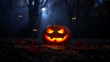 Glowing jack o lantern in spooky forest with glowing eyes halloween pumpkin