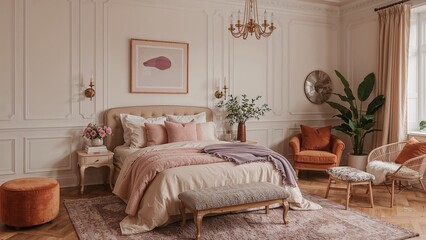 Diffuse backdrop of a fashionable bedroom with bold shades and cozy surfaces, generating a relaxing and hospitable setting ideal for comfort and tranquility.