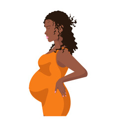 Beautiful pregnant black woman with curly hair in orange dress, pink lips on white background for posters, banners, icons, webs