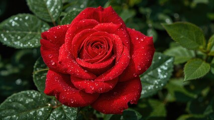Detailed view of a bright crimson flower adorned with sparkling water droplets on its soft petals, set against a backdrop of rich green foliage.