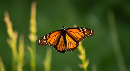 Fototapeta premium 鮮やかオレンジ色 優雅に舞う 蝶 緑背景 夕日輝く. AI Generated