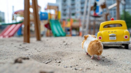 Urban Adventure of a Guinea Pig - Cute pet heading to cardboard taxi near playground with swings and fabric sand.