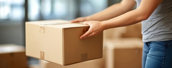 Happy woman checking stuff in cardboard box before sent to transportation company and moving to new location apartment., Generative AI