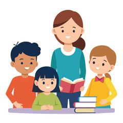Teacher reading a book to a group of happy children