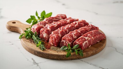 Fresh cuts of meat paired with herbs and flavorings on a wooden cutting surface