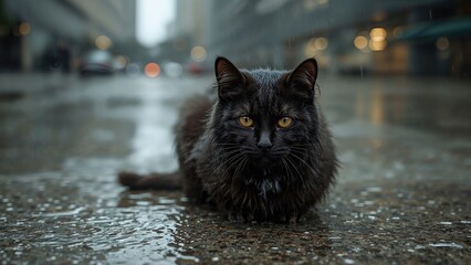 Wet and unhappy black cat on rainy pavement. Concept focusing on animal rescue and protection