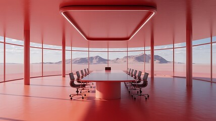 Modern conference room with panoramic desert mountain view interior