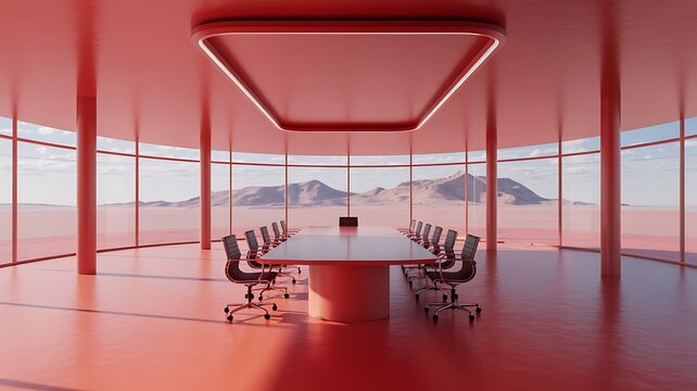 Modern conference room with panoramic desert mountain view interior