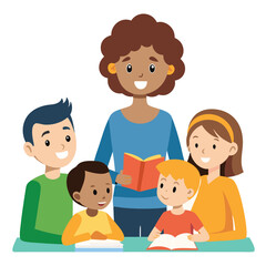 Teacher reading a book to a group of happy children