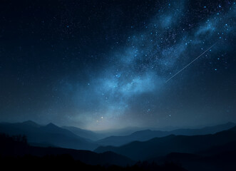 Fototapeta premium Milky Way shines over mountains. Imagery for adventure, travel, design, and spirituality. Illustrates vastness of space, connection, awe.