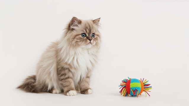 Sweet long-haired Munchkin kitten featuring white and grey coloration and big blue eyes, gazing at a cat toy.