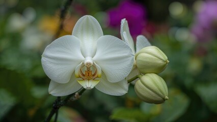 Fototapeta premium Stunning white orchid showcased among garden greenery