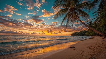 Breathtaking exotic landscape showcasing a magnificent sunset beach, palm tree outlines, colorful cloud formations, and detailed waves on the sand.