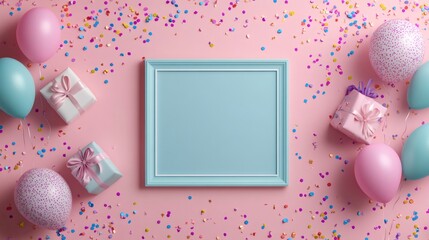 Pastel blue frame mockup surrounded by balloons and gifts on pink background with colorful confetti
