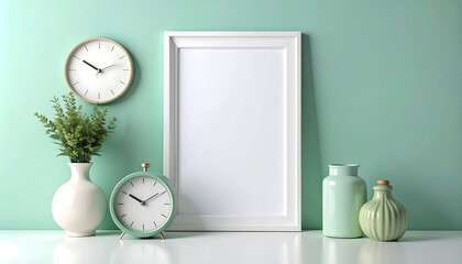 Empty white frame, mint green accents
