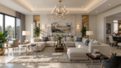 Faintly blurred view of a generous and elegant lounge featuring a large sectional sofa, decorative accents, and classy decor, illuminated by ample windows and natural illumination.