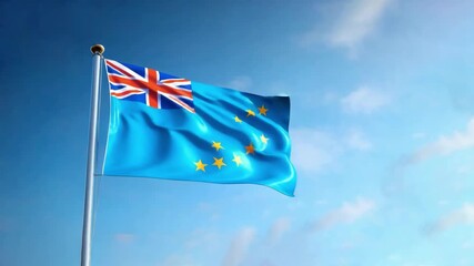 The flag of Tuvalu elegantly hangs, displaying vibrant colors and symbols, fluttering gently in a sunlit sky, surrounded by tranquility.