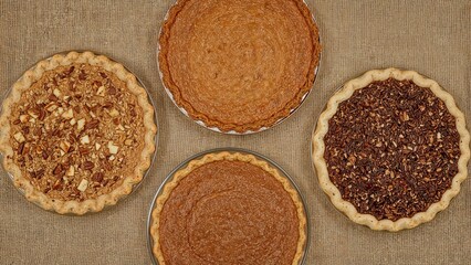 Three freshly baked pies for Thanksgiving: pecan, apple, and pumpkin, displayed from above on a rustic burlap and wooden background.