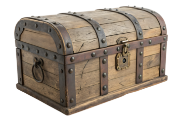 Old wooden treasure box isolated on white or transparent background