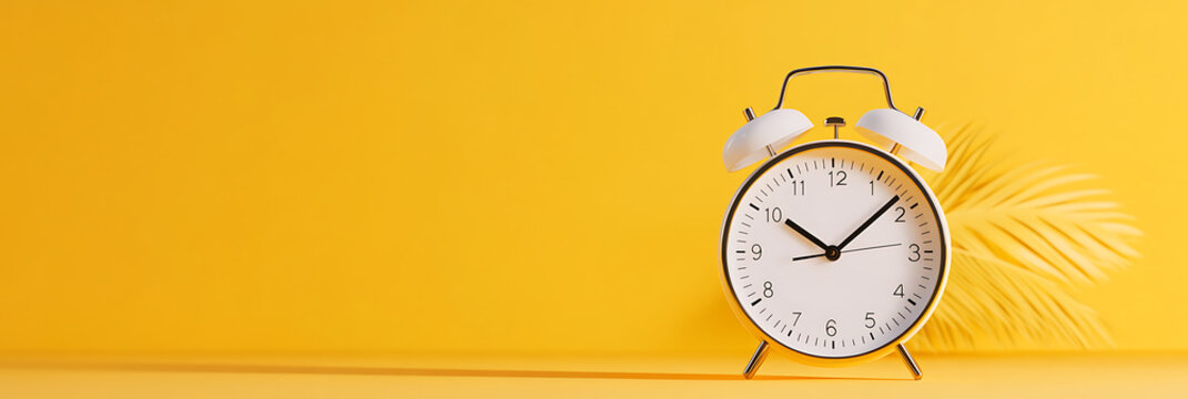 Analog clock on yellow background with a decorative plant. The clock is white with gold trim, and the palm frond is a matching yellow tone. - Powered by Adobe